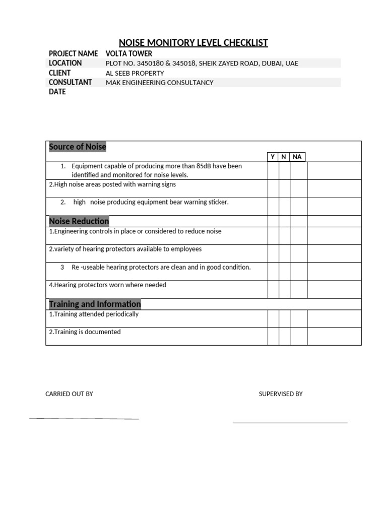 Noise Monitory Level Checklist | PDF