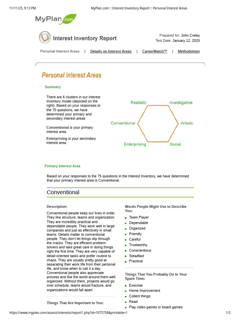MyPlan.com_ Interest Inventory Report | PDF | Business