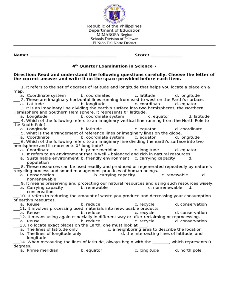 4th Quarter Exam in Science 7 | PDF | Solar Eclipse | Apsis