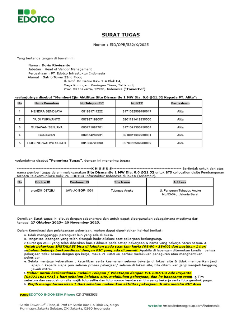 Eid-opr-532-X-2025 Surat Tugas Site Tubagus Angke - Pt. Alita | PDF