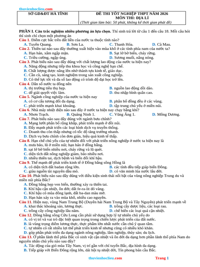 De Thi Thu TN THPT 2026 Mon Dia So GD Ha Tinh Lan 1 | PDF