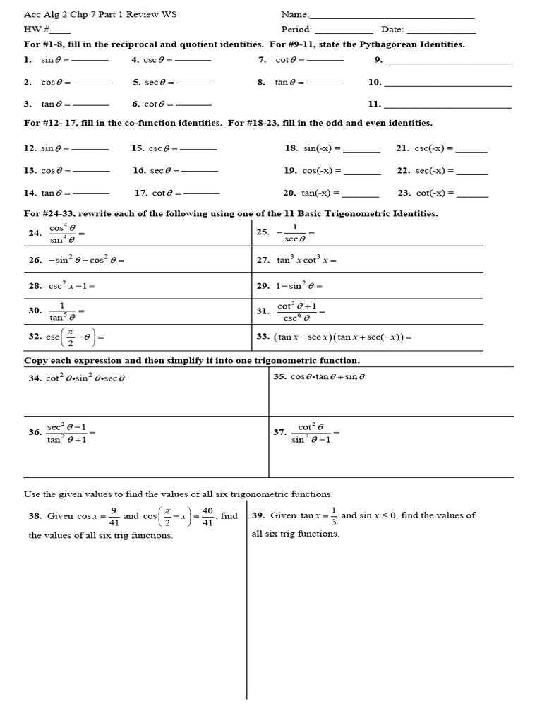 HW #30 - Chapter 7 Part 1 Review WS | PDF | Trigonometric Functions ...
