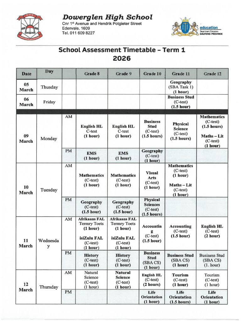 Term 1 - School Assessment Timetable | PDF