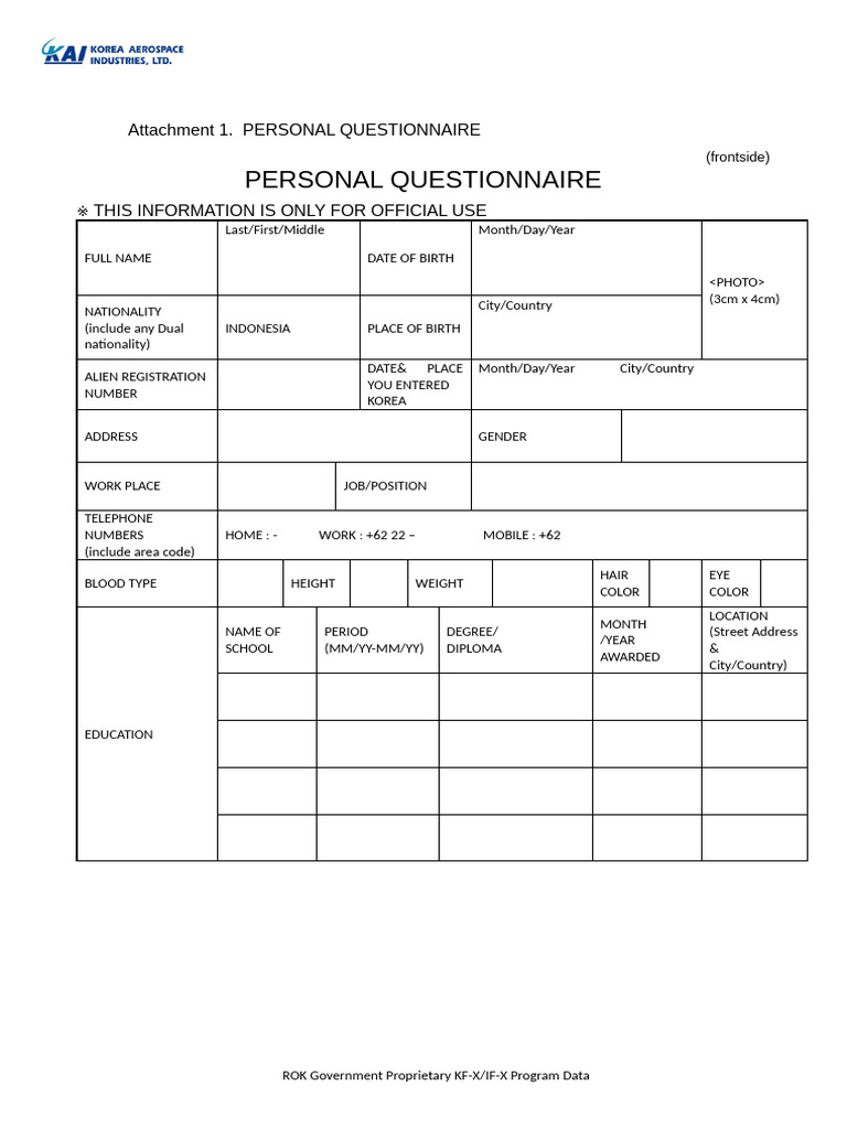 Personal Questionnaire | PDF