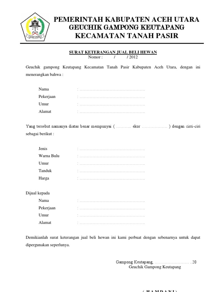Surat Keterangan Jual Beli Hewan