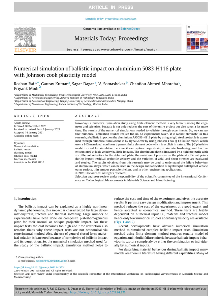 Numerical Simulation of Ballistic Impact On Aluminium 5083-H116 Plate ...