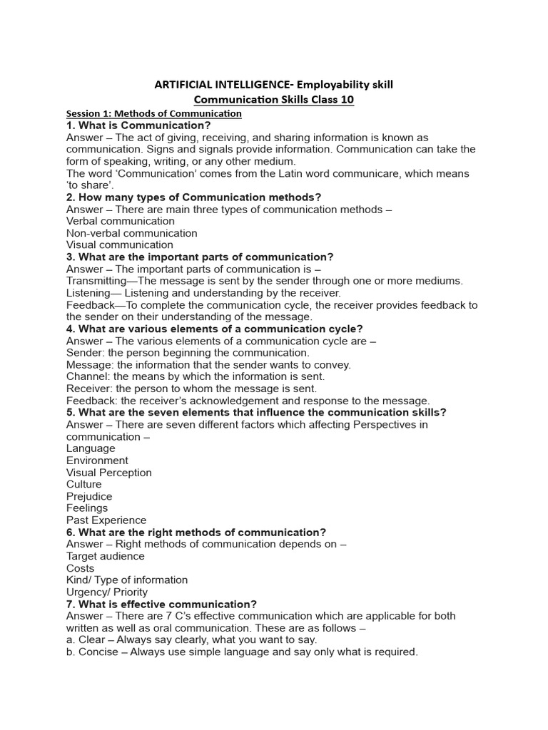 Communication Skills Class 10-Notes | PDF | Communication | Nonverbal ...