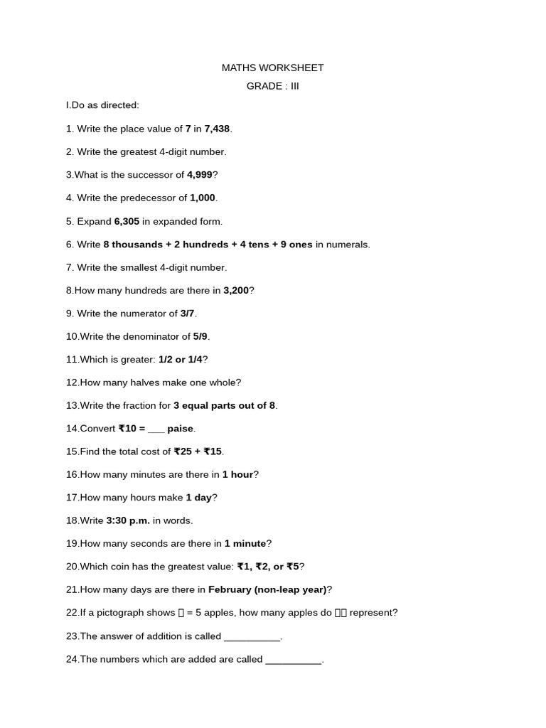 Maths Worksheet Grade 3 Sem 2 | PDF | Subtraction | Division (Mathematics)