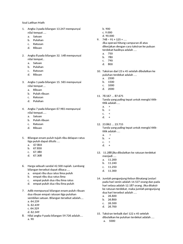 Soal Latihan Math Kelas 4 Sem 1 | PDF