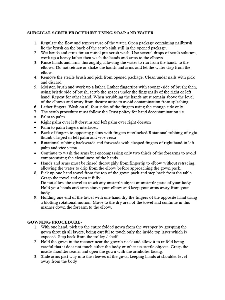 Surgical Scrub Procedure Using Soap and Water | PDF | Hand | Glove