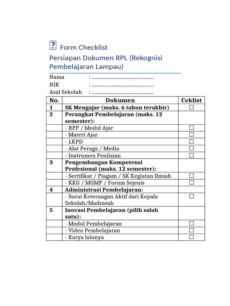 Form Checklist RPL | PDF