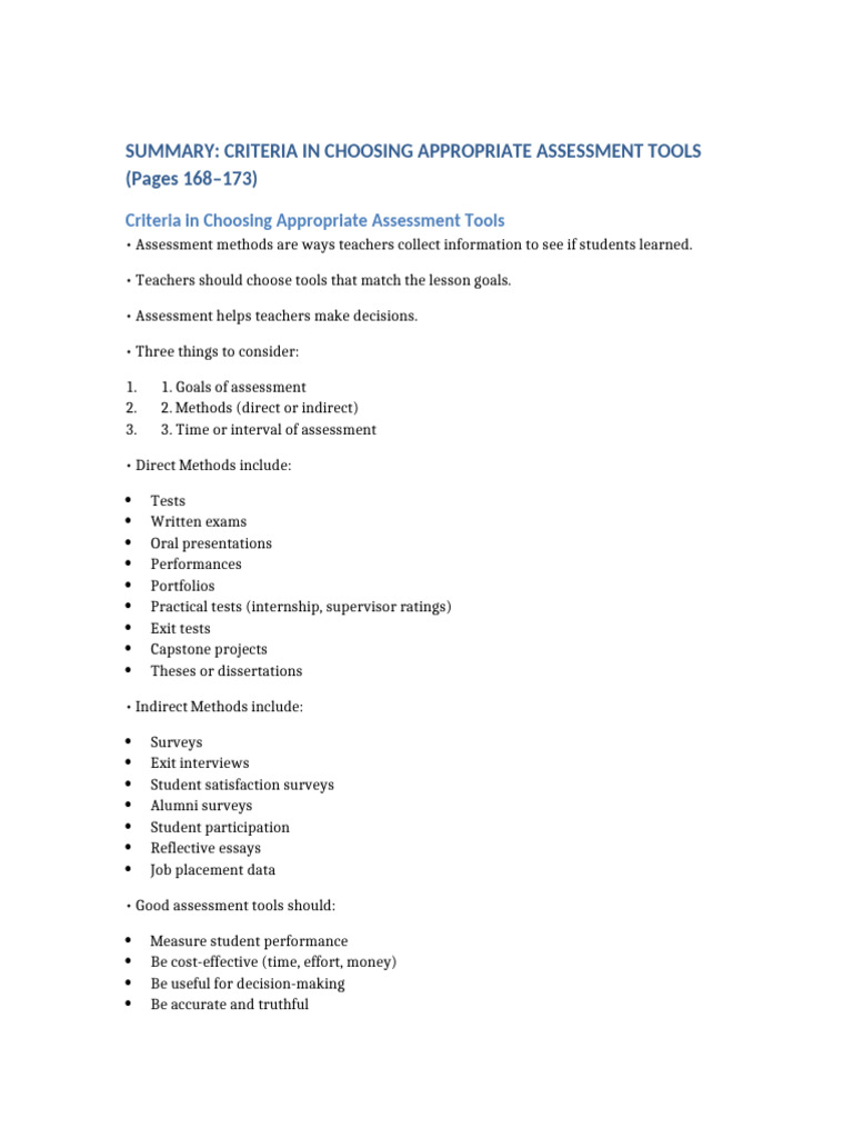 Assessment Tools Summary Pages 168 173 COMPLETE | PDF | Educational ...