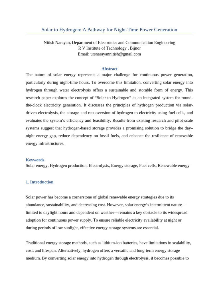 Solar to Hydrogen Research Paper | PDF | Energy Storage | Fuel Cell