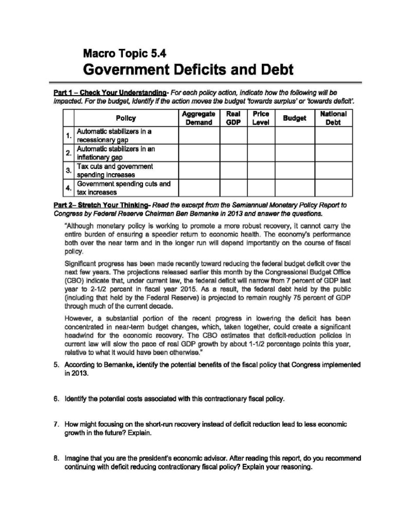 Worksheet 5.4 Government Deficits and The Debt | PDF