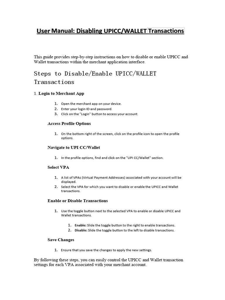User Manual Disabling UPICC WALLET | PDF