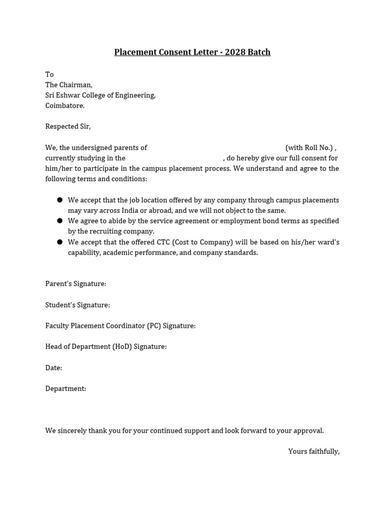 Placement Consent Letter - 2028 Batch | PDF