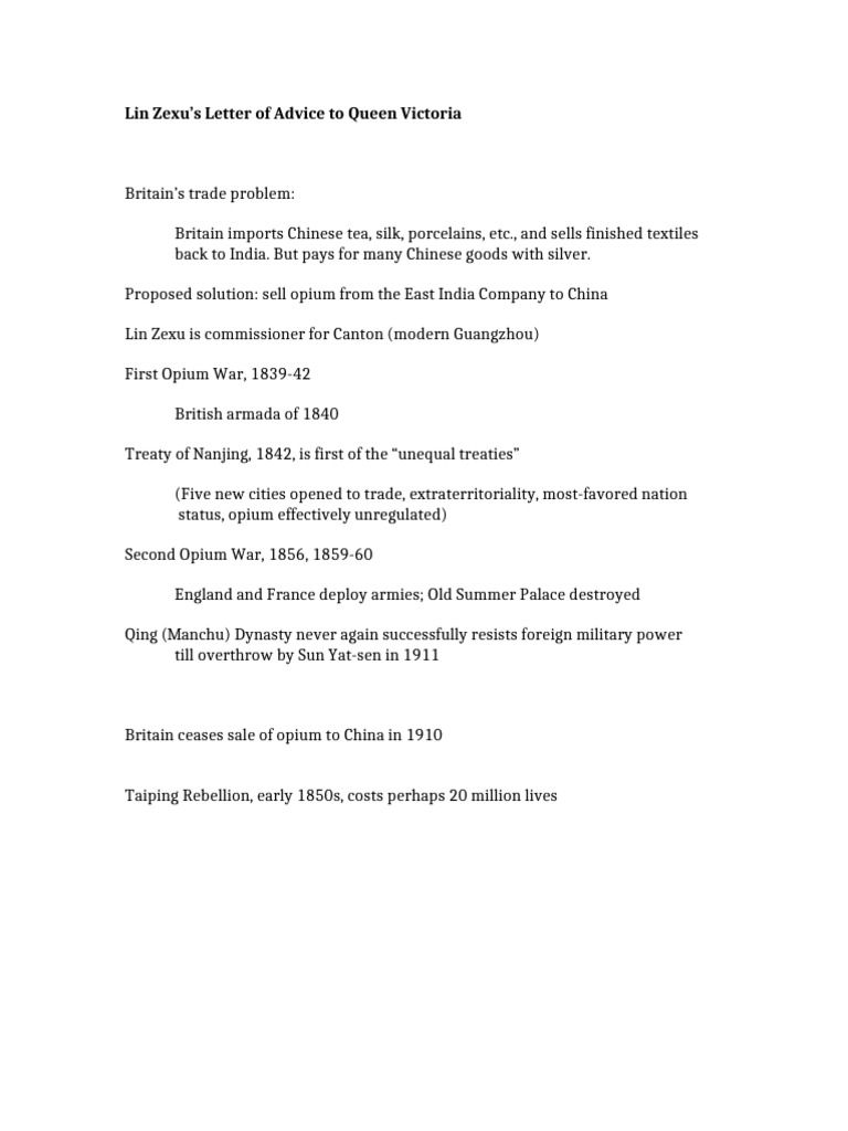 Lin Zexu’s Letter of Advice to Queen Victoria | PDF