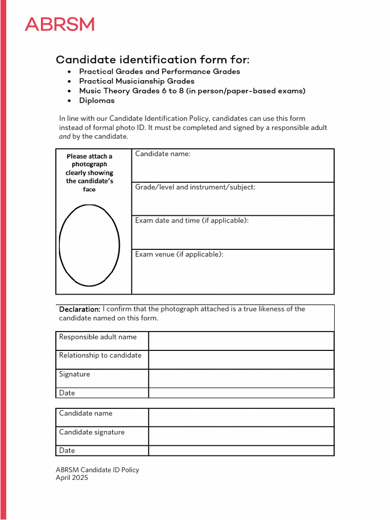 Candidate ID Form Except Theory G1-5 2025 | PDF