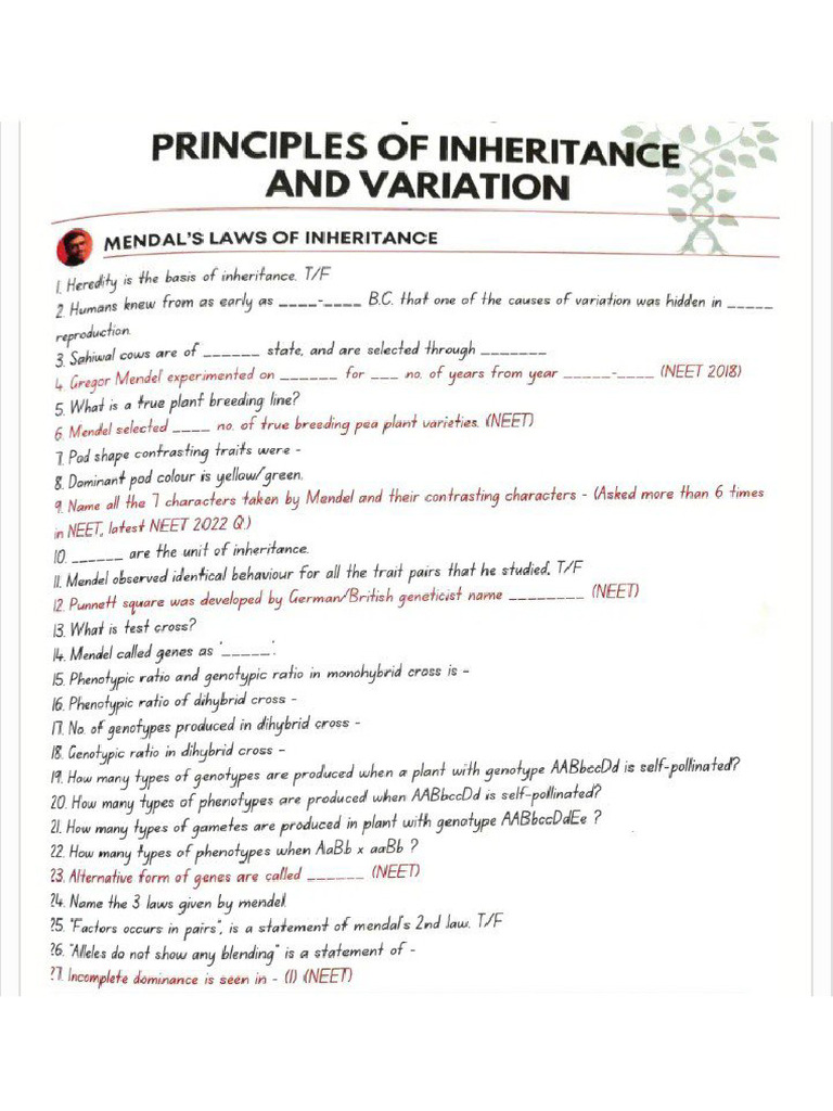 Principles of Inheritance and Variations ? | PDF