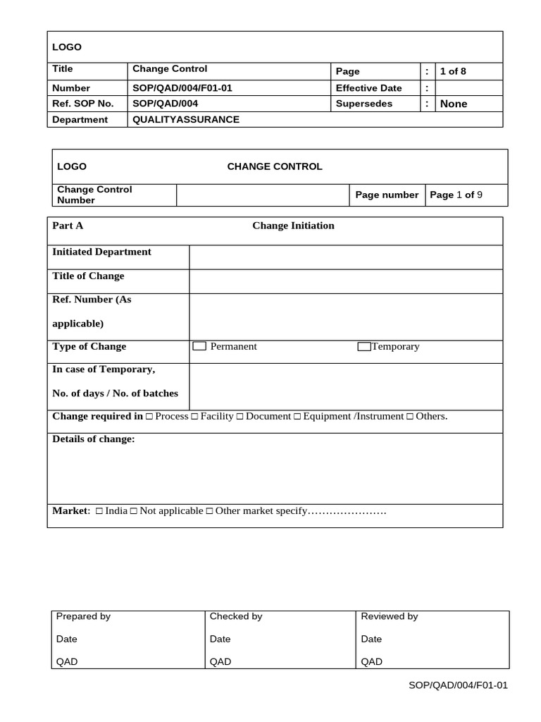SOP-QAD-004-F01 Change Control Form | PDF | Business