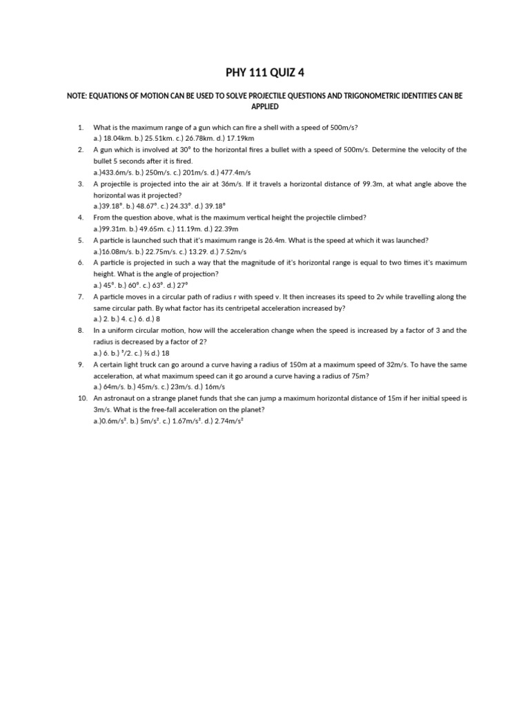 Phy 111 Quiz 4 | PDF