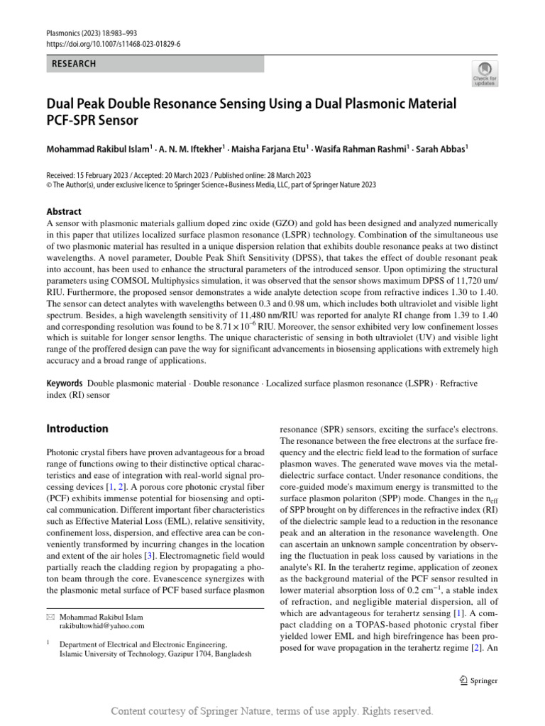 Dual Peak Double Resonance Sensing Using A Dual PL | PDF | Surface ...