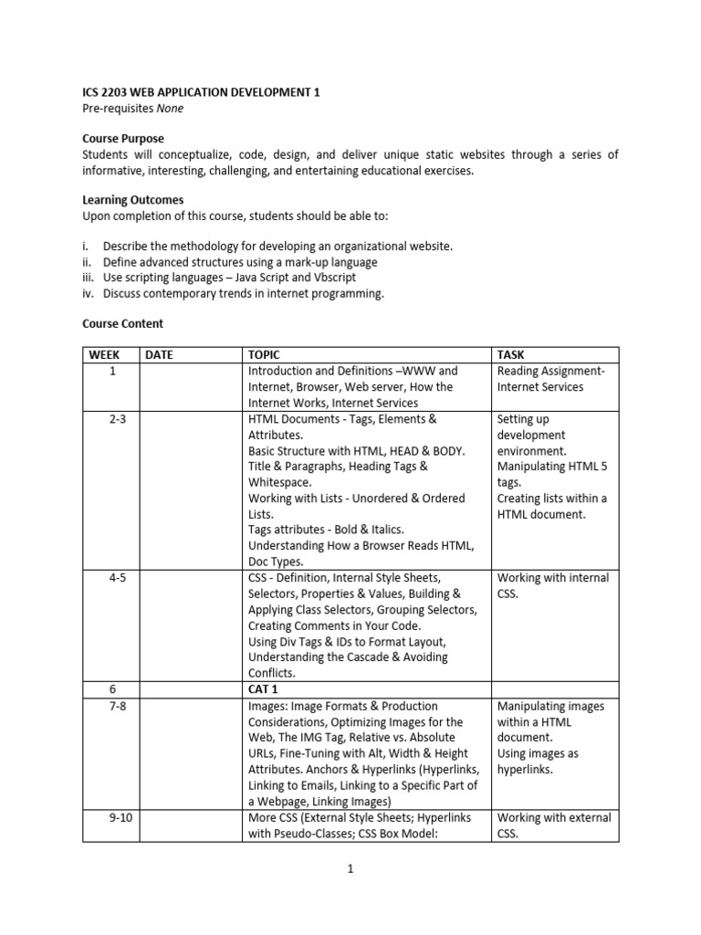 Course Outline - Web Application Development I | PDF | Html Element | Html