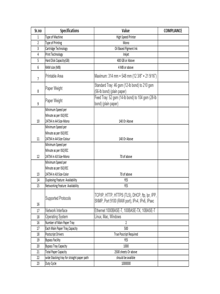 Specifications For Highspeedblack&White Printer | PDF | Paper | Printer ...