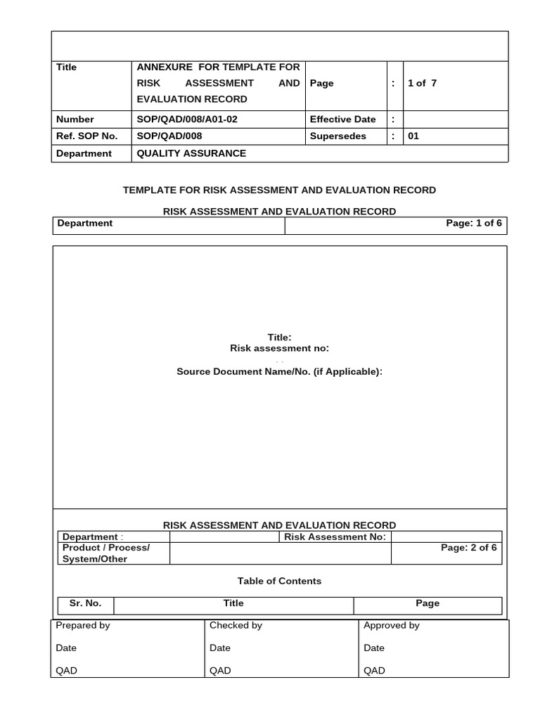 SOP-QAD-008-A01-02 Annexure For Template For Risk Assessment and ...