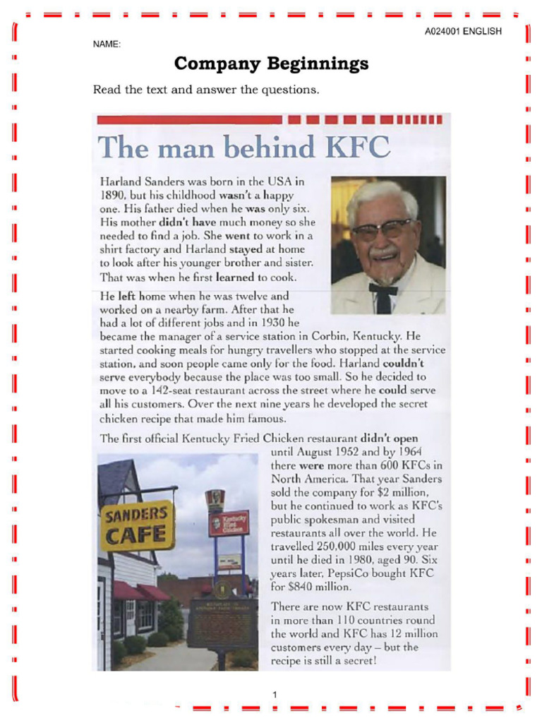 KFC Story Edited With Answer - Reading | PDF