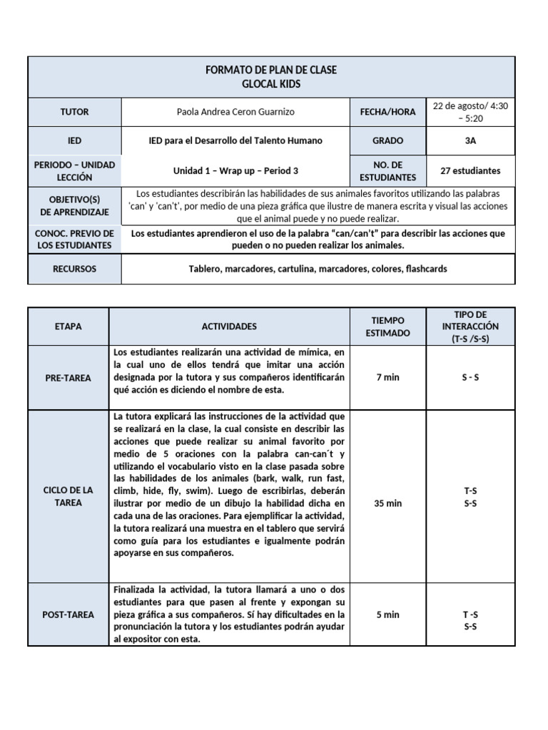 Formato plan de clase - observación V2 (2) (4) (2) | PDF | Aprendizaje ...