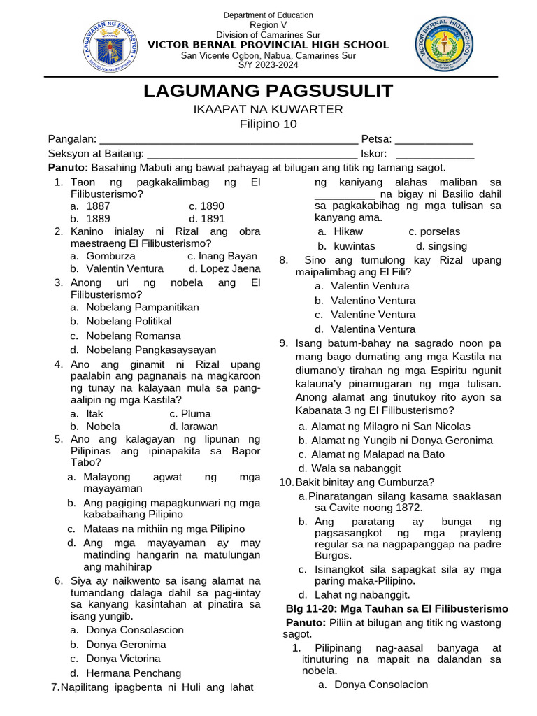 4th Quarter LAGUMANG PAGSUSULIT - Questionnaire | PDF