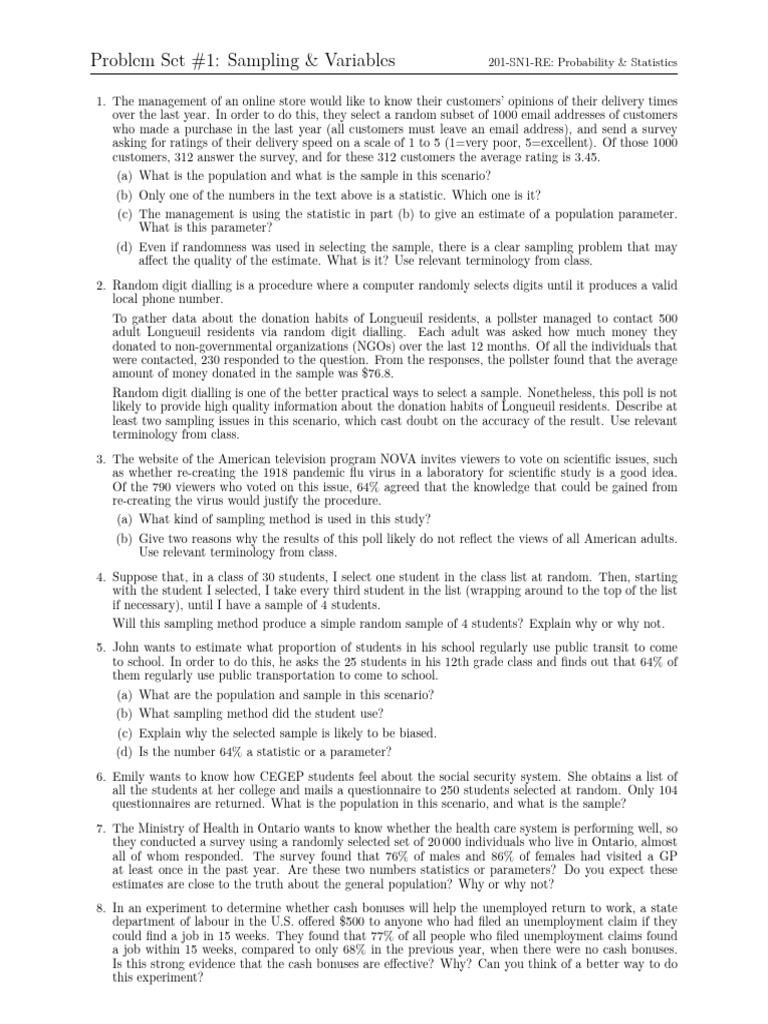 Exercises01 Sampling and Variables | PDF | Sampling (Statistics ...