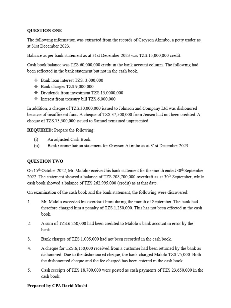 Bank Reconciliation Questions | PDF | Banks | Cheque