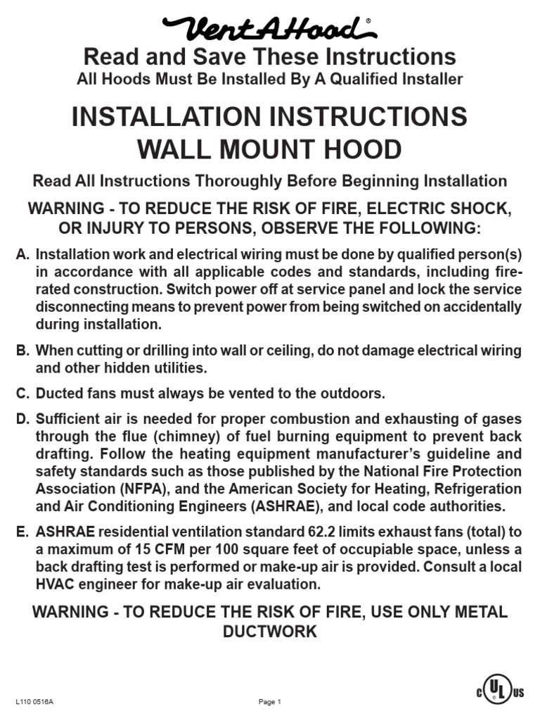 Wall Mount Range Hood Installation Instructions | PDF | Duct (Flow ...