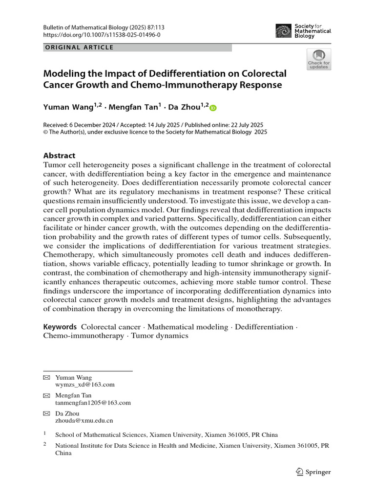 Modeling the Impact of Dedifferentiation on Colorectal Cancer Growth ...