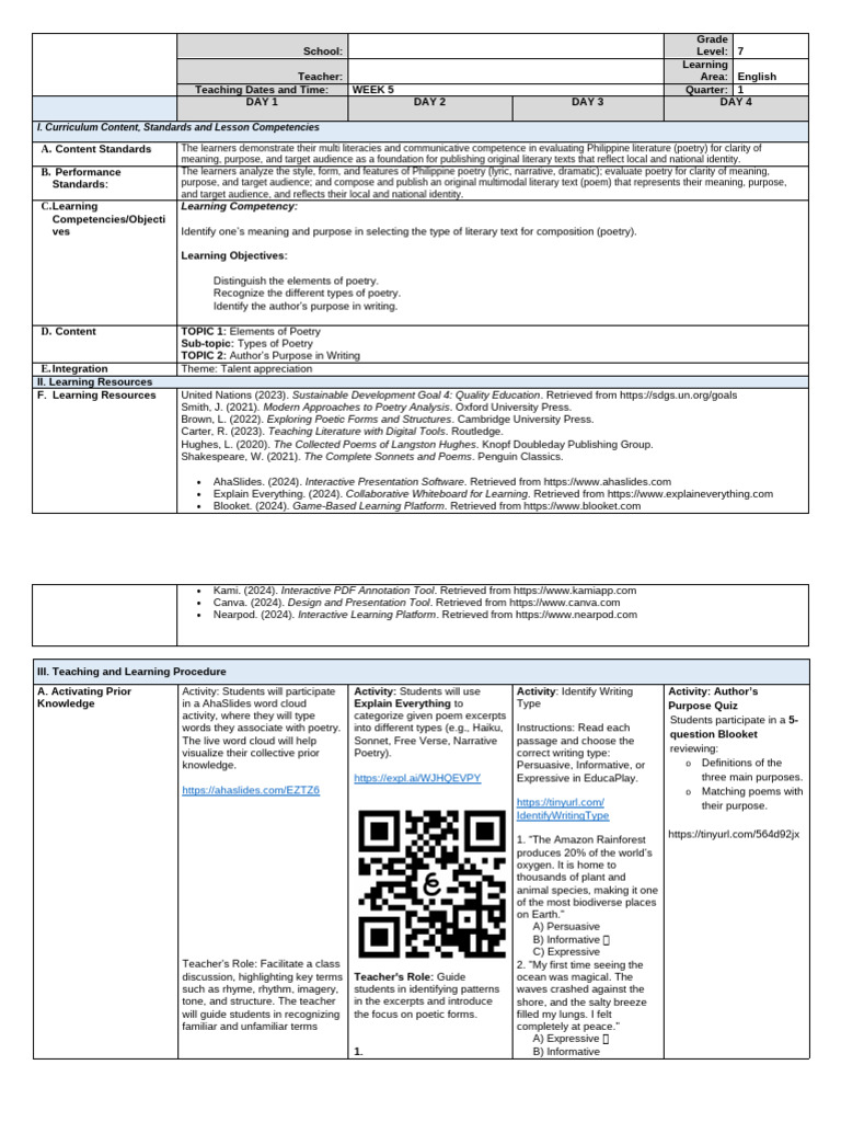 Quarter 1 Week 5 Lesson Exemplar With Edtech | PDF | Poetry