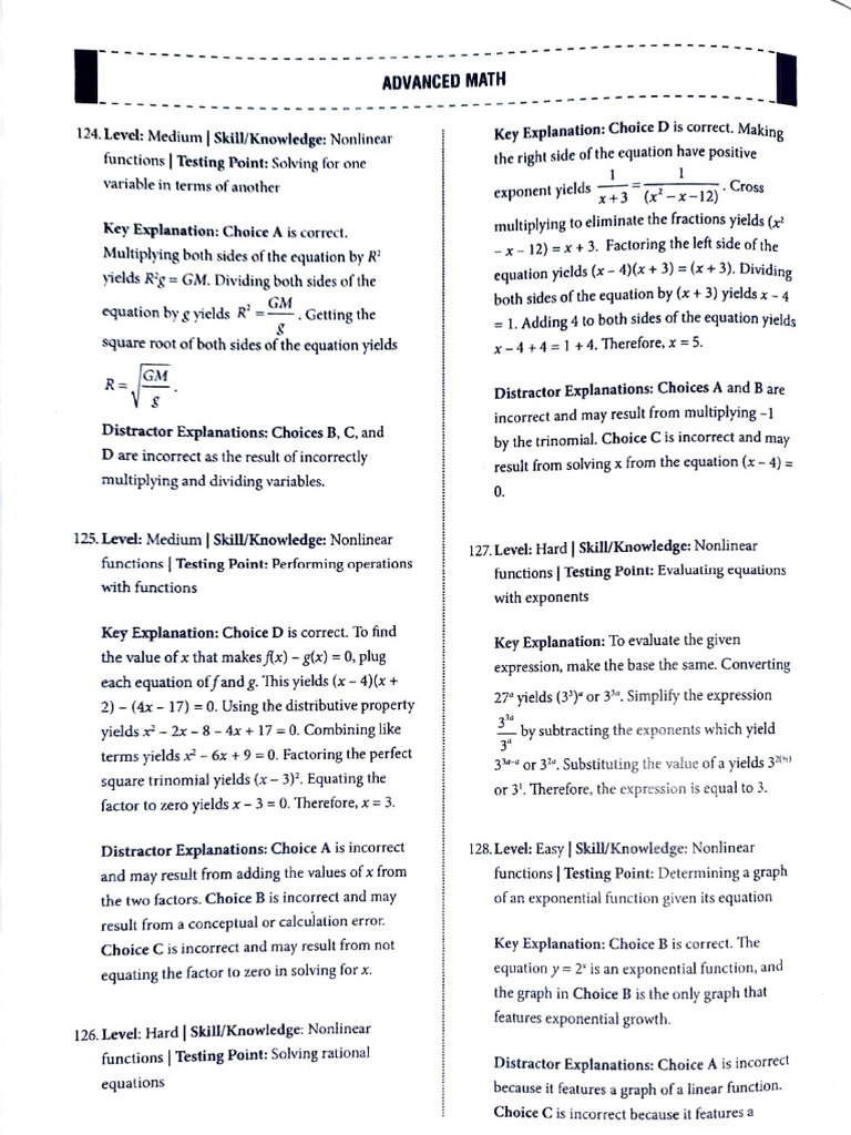Advanced Math Answers and Explanations | PDF | Quadratic Equation ...