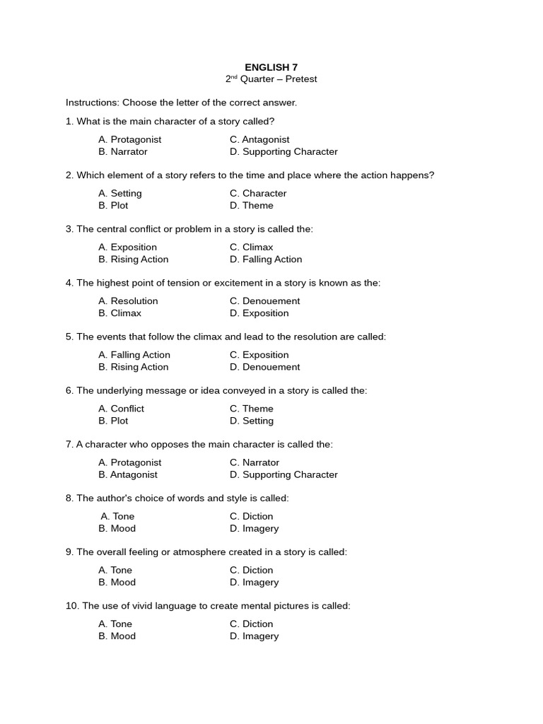 ENGLISH 7 Q2 PRETEST | PDF | Narration | Literary Concepts