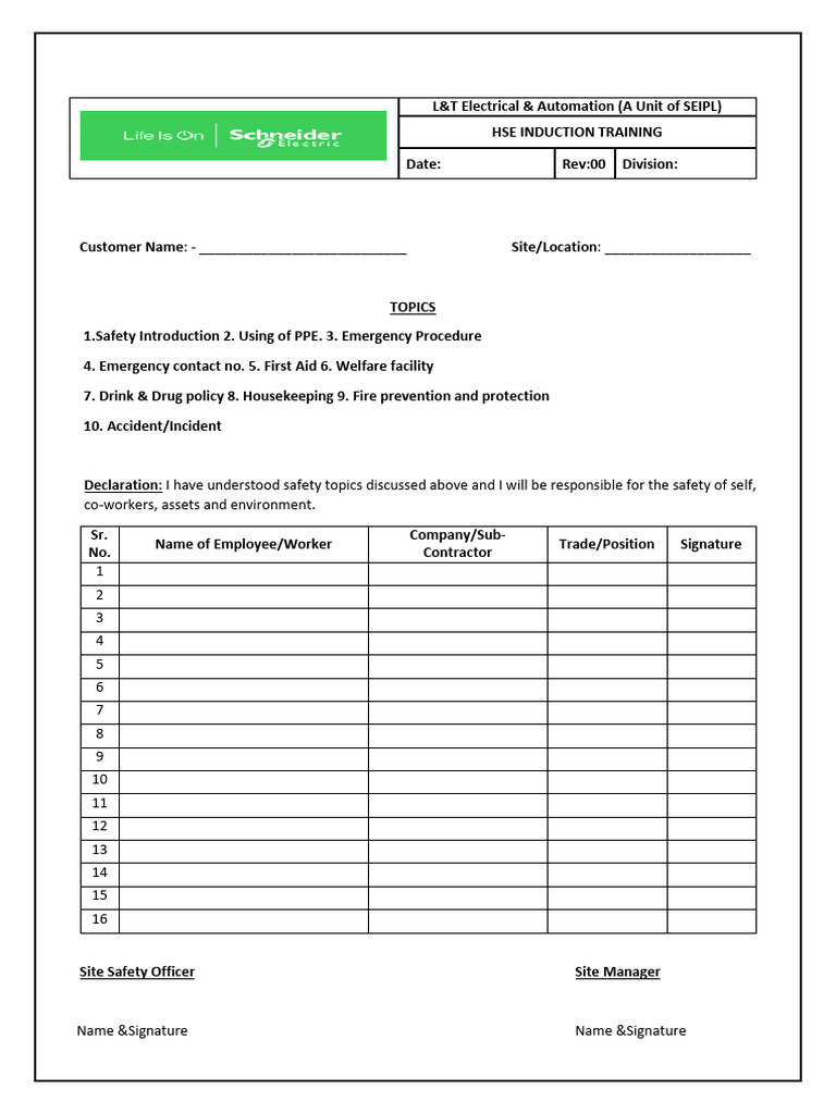 Safety Induction Sheet | PDF