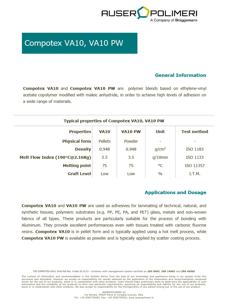 TDS Compotex VA10, VA10 PW Rev 4 | PDF | Polymers | Polyethylene