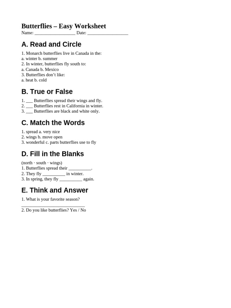 Butterflies Easy Worksheet | PDF
