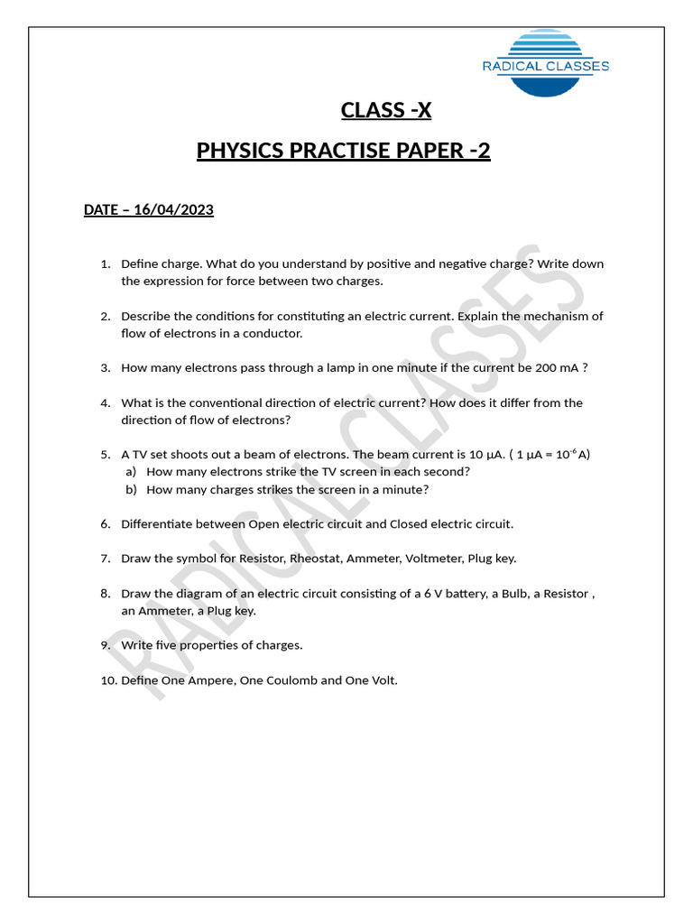 Class - X Physics Practise Paper - 2: DATE - 16/04/2023 | PDF