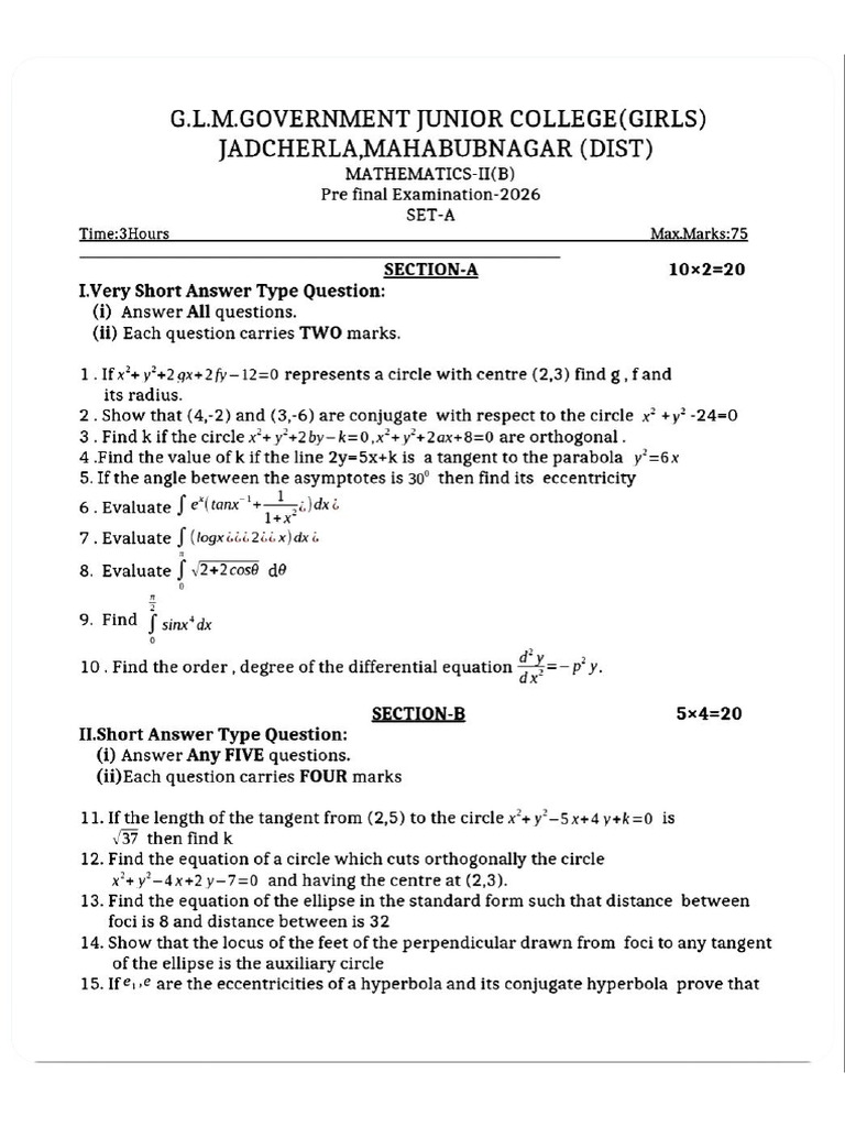 GLM Maths 2b Pre-Final Question Papers | PDF