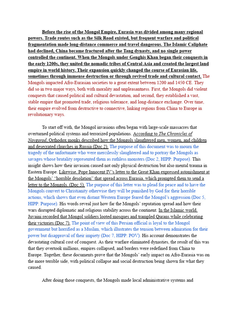 Impact of The Mongols DBQ | PDF | Mongol Empire | Silk Road