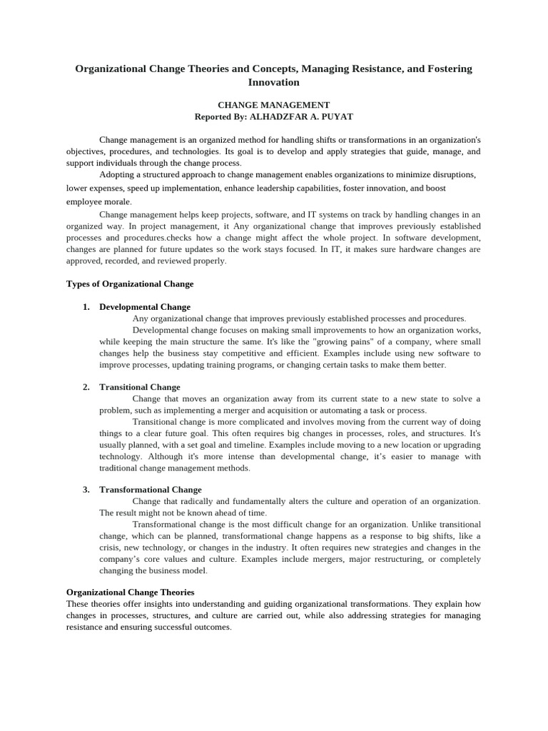 Organizational Change Theories and Concepts Managing Resistance and ...