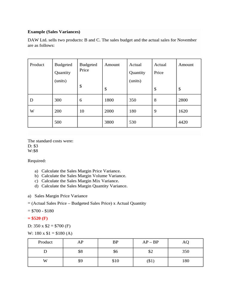Sales Variance Exercise 4 | PDF | Prices | Financial Markets