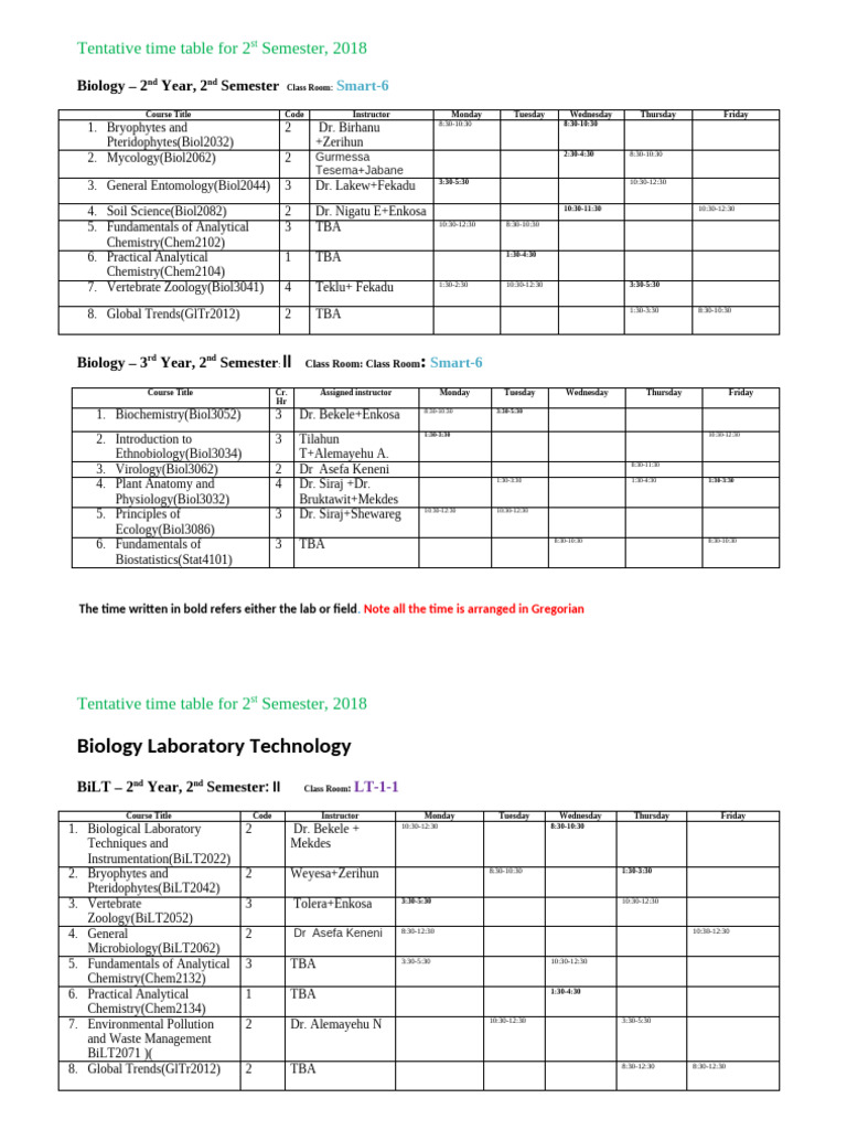 2018 Semester II Tentative Timetable Schedule | PDF | Biology