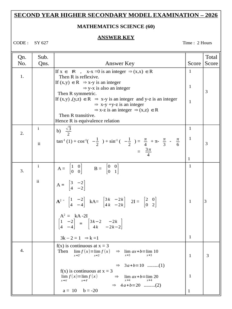 +2 Maths Model Exam Ans Key | PDF | Mathematical Objects | Geometry