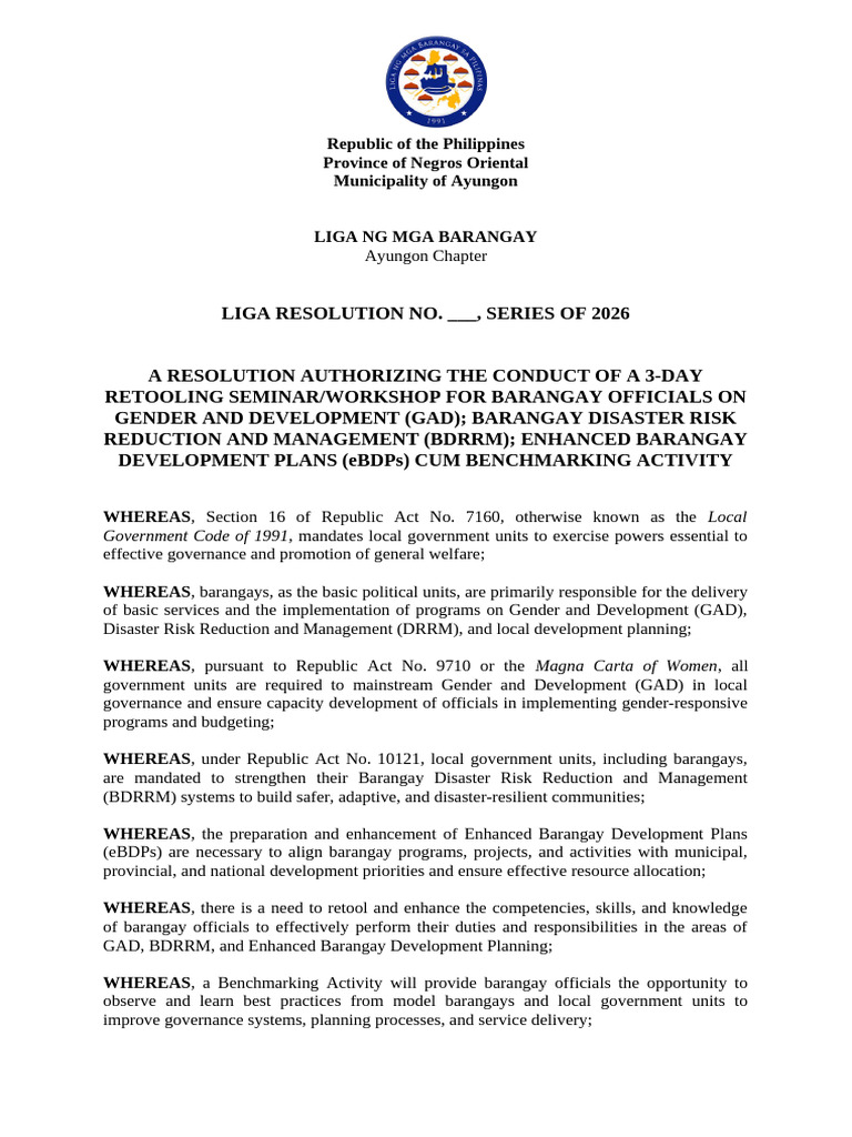 LnB Resolution Re Conduct of Retooled Seminar on BDP, GAD, BDRRM ...